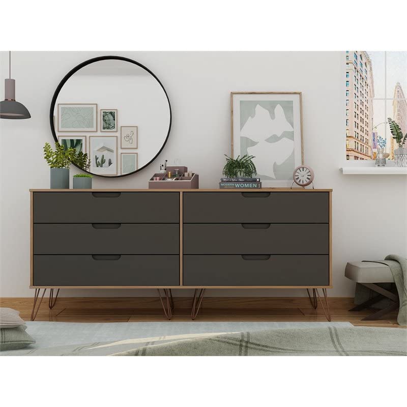 Manhattan Comfort Rockefeller Mid Century 6-Drawer Double Low Dresser with Metal Legs, Nature and Textured Grey