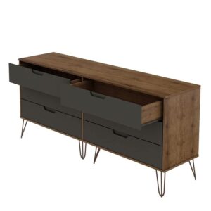 Manhattan Comfort Rockefeller Mid Century 6-Drawer Double Low Dresser with Metal Legs, Nature and Textured Grey