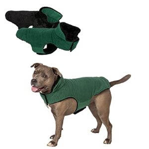 furhaven medium dog coat flex-fit reversible faux fur & quilted fleece jacket, washable – black/green, medium