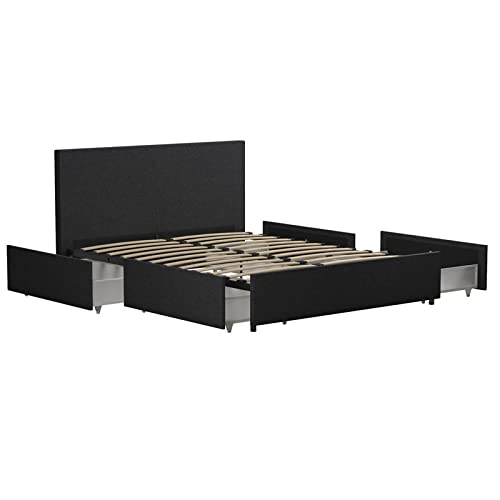 Novogratz Kelly Upholstered Bed with Underbed Storage Drawers and Clean Lined Headboard, Queen, Dark Gray Linen