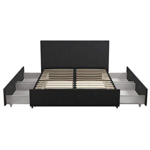 Novogratz Kelly Upholstered Bed with Underbed Storage Drawers and Clean Lined Headboard, Queen, Dark Gray Linen