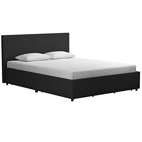 Novogratz Kelly Upholstered Bed with Underbed Storage Drawers and Clean Lined Headboard, Queen, Dark Gray Linen