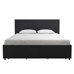 Novogratz Kelly Upholstered Bed with Underbed Storage Drawers and Clean Lined Headboard, Queen, Dark Gray Linen