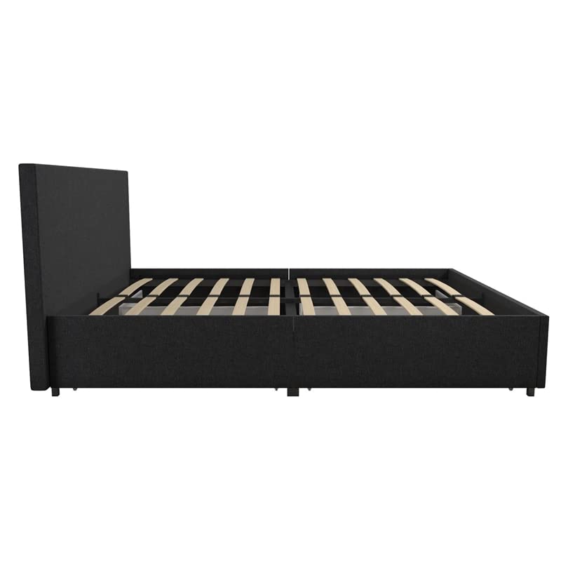 Novogratz Kelly Upholstered Bed with Underbed Storage Drawers and Clean Lined Headboard, Queen, Dark Gray Linen