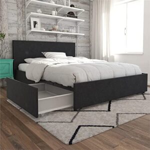 Novogratz Kelly Upholstered Bed with Underbed Storage Drawers and Clean Lined Headboard, Queen, Dark Gray Linen