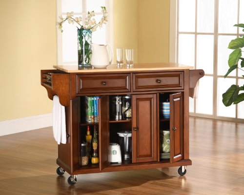 Crosley Furniture Full Size Kitchen Cart with Natural Wood Top, Cherry