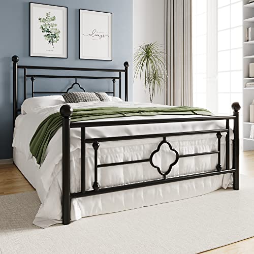 HOOMIC Queen Size Metal Platform Bed Frame with Vintage Headboard and Footboard / 14 Inches Mattress Foundation for Storage/No Box Spring Needed/Easy Assembly