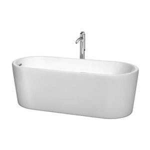 ursula 67 inch freestanding bathtub in white with floor mounted faucet, drain and overflow trim in polished chrome