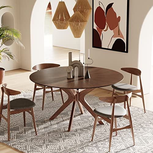 Limari Home Poype Collection Modern Style Walnut Finished Round 6 Persons 59" Dining Table with Solid Wood Legs and Base, Brown