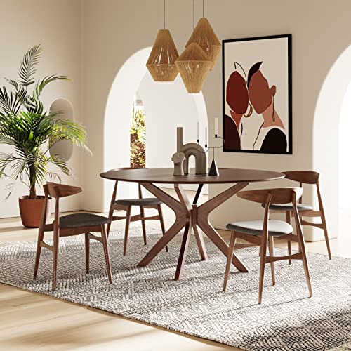 Limari Home Poype Collection Modern Style Walnut Finished Round 6 Persons 59" Dining Table with Solid Wood Legs and Base, Brown