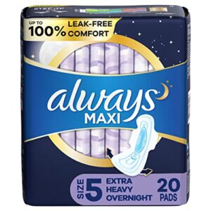 always maxi feminine pads for women, size 5 extra heavy overnight absorbency, with wings, unscented, pack of 20