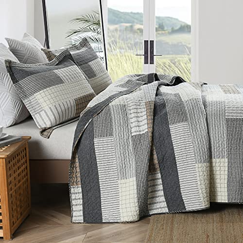 Finlonte Quilt Queen Size 100% Cotton Queen Size Quilts Grey Black Brown Bedspreads Plaid Quilts Lightweight Soft Breathable Bedding Sets for All Season, 3 Piece