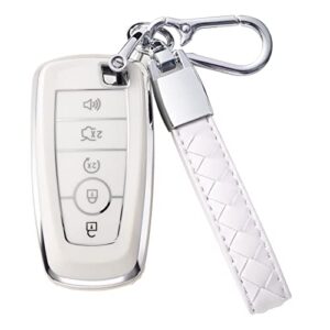chezenhui compatible with ford key fob cover with leather lanyard, car key case shell protection for ford explorer fusion escape f150 f250 f350 f450 f550 edge 5 buttons, white