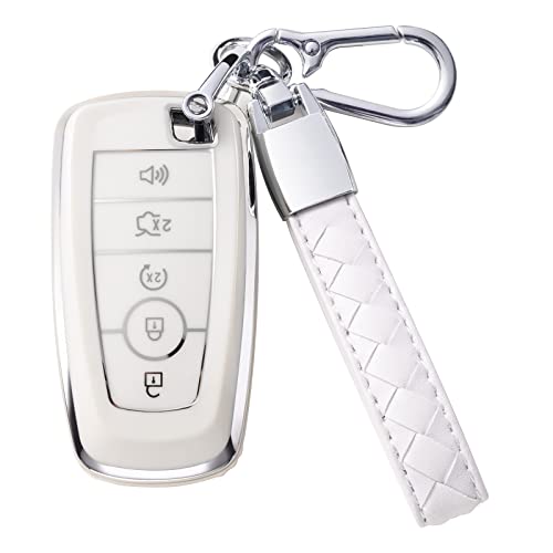 CHEZENHUI Compatible with Ford Key Fob Cover with Leather Lanyard, Car Key Case Shell Protection for Ford Explorer Fusion Escape F150 F250 F350 F450 F550 Edge 5 Buttons, White