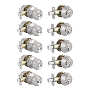 knobonly all keyed same, front door handleset with single cylinder deadbolt in satin nickel finish, keyed alike for every set, 5 pack
