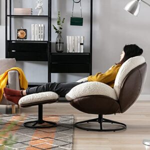 ZHENGHAO Swivel Accent Chair with Ottoman, Mid Century Modern Faux Fur Lounge Chair with footrest, Comfy Fluffy Armchair with 360 Degree Metal Base for Reading/Living Room/Bedroom, White