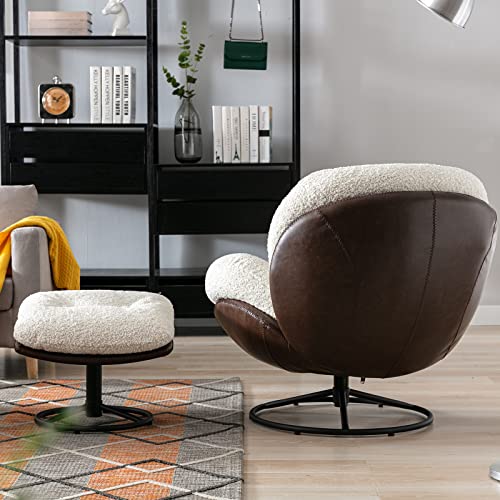 ZHENGHAO Swivel Accent Chair with Ottoman, Mid Century Modern Faux Fur Lounge Chair with footrest, Comfy Fluffy Armchair with 360 Degree Metal Base for Reading/Living Room/Bedroom, White