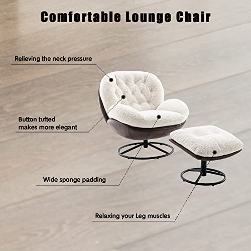 ZHENGHAO Swivel Accent Chair with Ottoman, Mid Century Modern Faux Fur Lounge Chair with footrest, Comfy Fluffy Armchair with 360 Degree Metal Base for Reading/Living Room/Bedroom, White