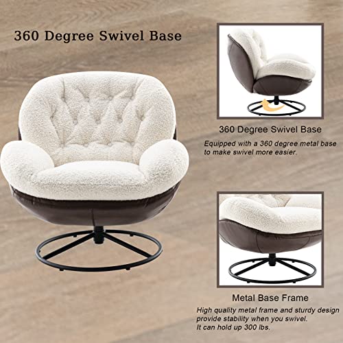 ZHENGHAO Swivel Accent Chair with Ottoman, Mid Century Modern Faux Fur Lounge Chair with footrest, Comfy Fluffy Armchair with 360 Degree Metal Base for Reading/Living Room/Bedroom, White