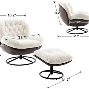 ZHENGHAO Swivel Accent Chair with Ottoman, Mid Century Modern Faux Fur Lounge Chair with footrest, Comfy Fluffy Armchair with 360 Degree Metal Base for Reading/Living Room/Bedroom, White