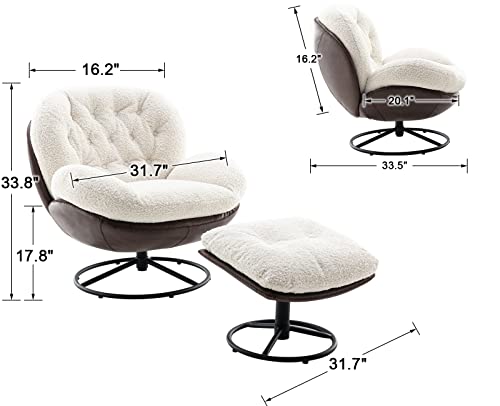 ZHENGHAO Swivel Accent Chair with Ottoman, Mid Century Modern Faux Fur Lounge Chair with footrest, Comfy Fluffy Armchair with 360 Degree Metal Base for Reading/Living Room/Bedroom, White