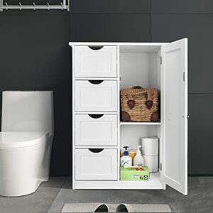 Bonnlo Small Bathroom Floor Cabinet Kitchen Storage Organizer Free Standing Bathroom Towel Cabinet Wooden Linen Entryway Storage Unit with 4 Drawers and 1 Cupboard Home Decor Furniture (White)