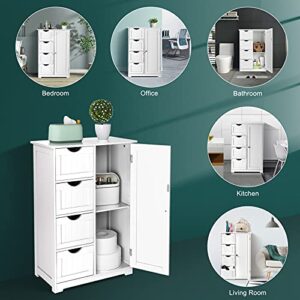 Bonnlo Small Bathroom Floor Cabinet Kitchen Storage Organizer Free Standing Bathroom Towel Cabinet Wooden Linen Entryway Storage Unit with 4 Drawers and 1 Cupboard Home Decor Furniture (White)