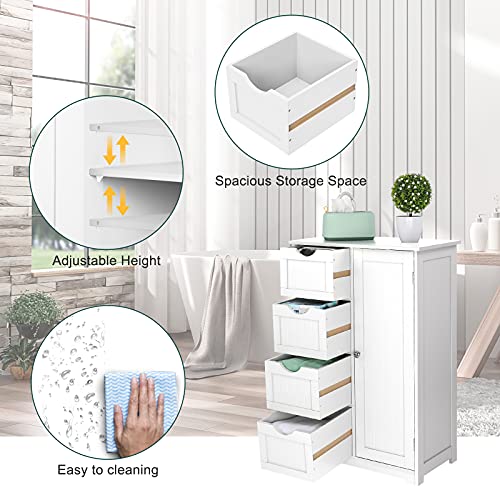 Bonnlo Small Bathroom Floor Cabinet Kitchen Storage Organizer Free Standing Bathroom Towel Cabinet Wooden Linen Entryway Storage Unit with 4 Drawers and 1 Cupboard Home Decor Furniture (White)