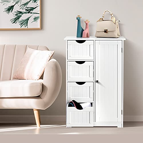 Bonnlo Small Bathroom Floor Cabinet Kitchen Storage Organizer Free Standing Bathroom Towel Cabinet Wooden Linen Entryway Storage Unit with 4 Drawers and 1 Cupboard Home Decor Furniture (White)