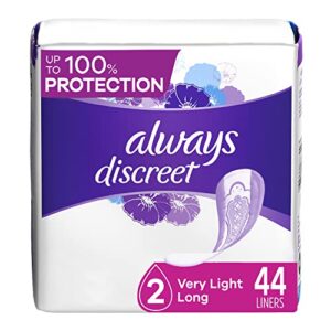always discreet incontinence & postpartum liners for women, size 2, very light absorbency, long length, 44 count