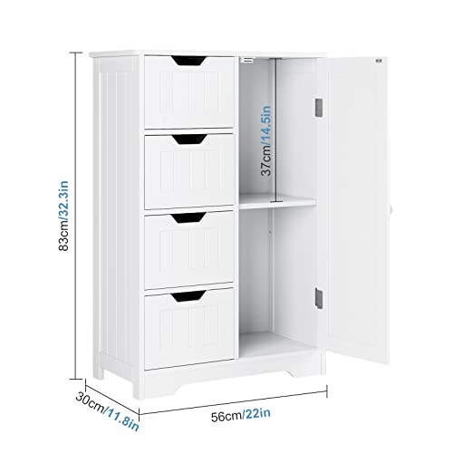 FOTOSOK Bathroom Floor Cabinet, Freestanding Storage Cabinet with 4 Drawers & 1 Cupboard, Adjustable Shelf for Bathroom Entryway Living Room, White