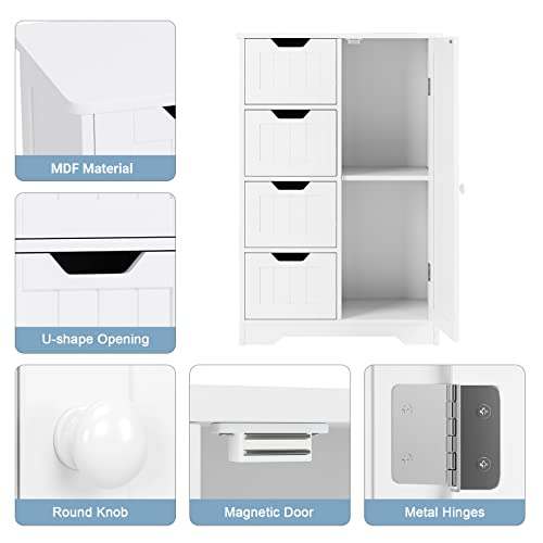 FOTOSOK Bathroom Floor Cabinet, Freestanding Storage Cabinet with 4 Drawers & 1 Cupboard, Adjustable Shelf for Bathroom Entryway Living Room, White