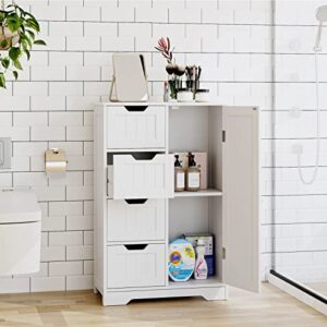 FOTOSOK Bathroom Floor Cabinet, Freestanding Storage Cabinet with 4 Drawers & 1 Cupboard, Adjustable Shelf for Bathroom Entryway Living Room, White