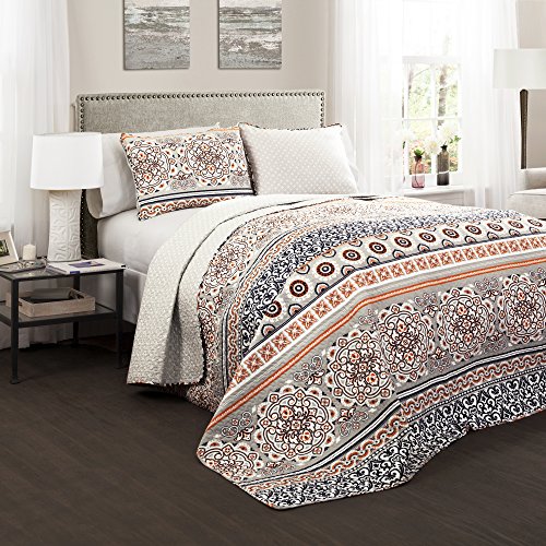 Lush Decor Nesco Quilt Striped Pattern Reversible 3 Piece Bedding Set, King, Navy and Coral