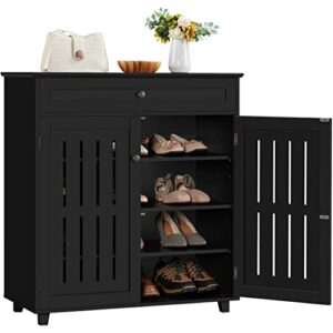 topeakmart wood shoe cabinet, floor storage container with 4 storage shelves for entryway bathroom living room, black