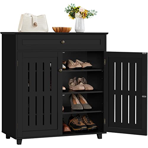 Topeakmart Wood Shoe Cabinet, Floor Storage Container with 4 Storage Shelves for Entryway Bathroom Living Room, Black