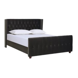 jennifer taylor home david collection modern upholstered king size size bed frame, hand tufted and nailhead trim, dark charcoal grey
