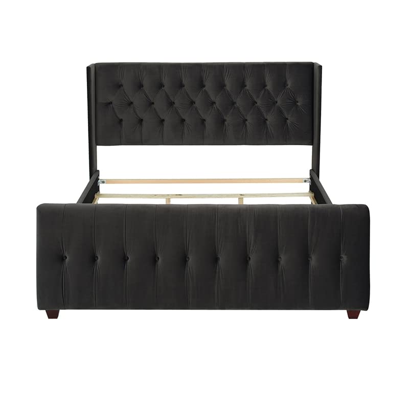 Jennifer Taylor Home David Collection Modern Upholstered King Size Size Bed Frame, Hand Tufted and Nailhead Trim, Dark Charcoal Grey