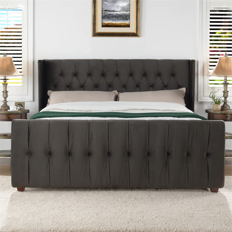 Jennifer Taylor Home David Collection Modern Upholstered King Size Size Bed Frame, Hand Tufted and Nailhead Trim, Dark Charcoal Grey