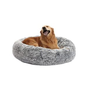 bedfolks calming donut dog bed, 36 inches round fluffy dog beds for large dogs, anti-anxiety plush dog bed, machine washable pet bed (dark grey, large)