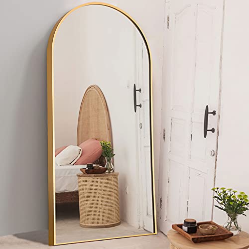 NeuType 71"x32" Arched Full Length Mirror Large Arched Mirror Floor Mirror with Stand Large Bedroom Mirror Standing or Leaning Against Wall Aluminum Alloy Frame Dressing Mirror, Gold