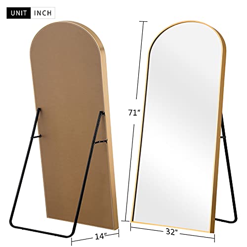 NeuType 71"x32" Arched Full Length Mirror Large Arched Mirror Floor Mirror with Stand Large Bedroom Mirror Standing or Leaning Against Wall Aluminum Alloy Frame Dressing Mirror, Gold