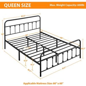 Topeakmart Queen Size Victorian Style Metal Bed Frame with Headboard/Mattress Foundation/No Box Spring Needed/Under Bed Storage/Strong Slat Support Black