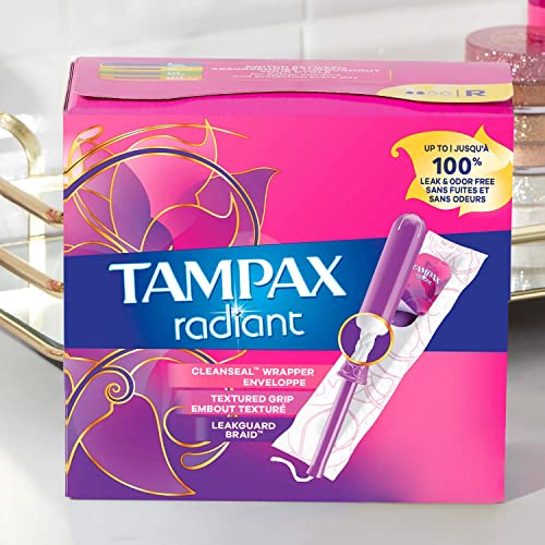 Tampax Radiant Tampons Multipack, Regular/Super/Super Plus Absorbency, With Leakguard Braid, Unscented, 28 Count x 4 Packs (112 Count total)