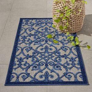 nourison aloha indoor/outdoor grey/blue 2’8″ x 4′ area rug, transitional, french country, easy cleaning, non shedding, bed room, kitchen, living room, deck, backyard, (3′ x 4′)