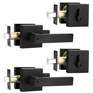 probrico square entry levers and single cylinder deadbolts combo pack, flat black keyed alike heavy duty keyed entry handles locksets reversible for right and left side, 2 pack(all same keys)