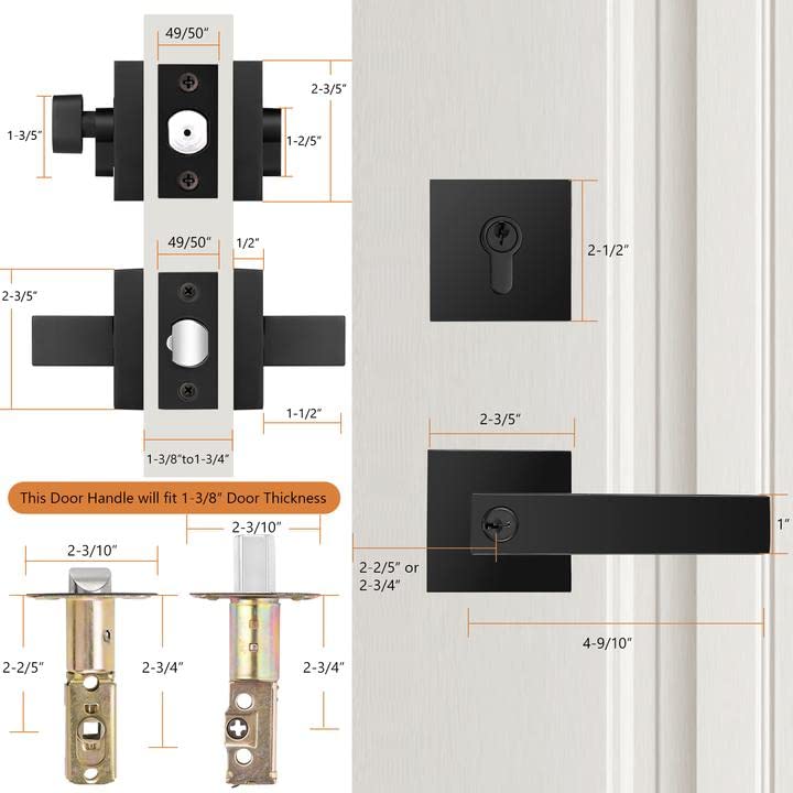 Probrico Square Entry Levers and Single Cylinder Deadbolts Combo Pack, Flat Black Keyed Alike Heavy Duty Keyed Entry Handles Locksets Reversible for Right and Left Side, 2 Pack(All Same Keys)