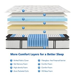 Suiforlun Queen Mattress 12 Inch, Pillow Top Cool Gel Memory Foam Hybrid Mattress with Luxury 7 Layers, 3 Zone Encased Coils Innerspring for Back Pain Relief, Medium Firm, 120 Nights Trial