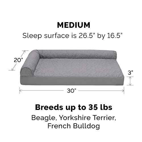 Furhaven Medium Memory Foam Dog Bed Pinsonic Quilted Paw L Shaped Chaise w/ Removable Washable Cover - Titanium, Medium