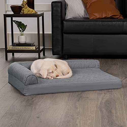 Furhaven Medium Memory Foam Dog Bed Pinsonic Quilted Paw L Shaped Chaise w/ Removable Washable Cover - Titanium, Medium